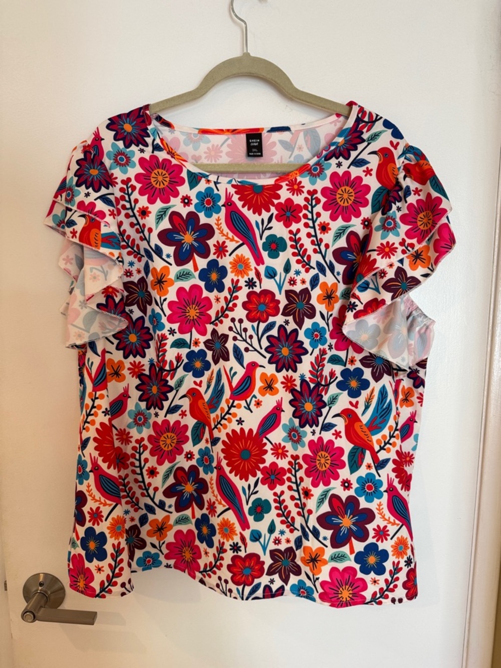 SHEIN White Floral Ruffle Sleeve Top with Multicolor Bird Print